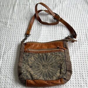 Brown Leather & Canvas Crossbody Bag with Decorative Print